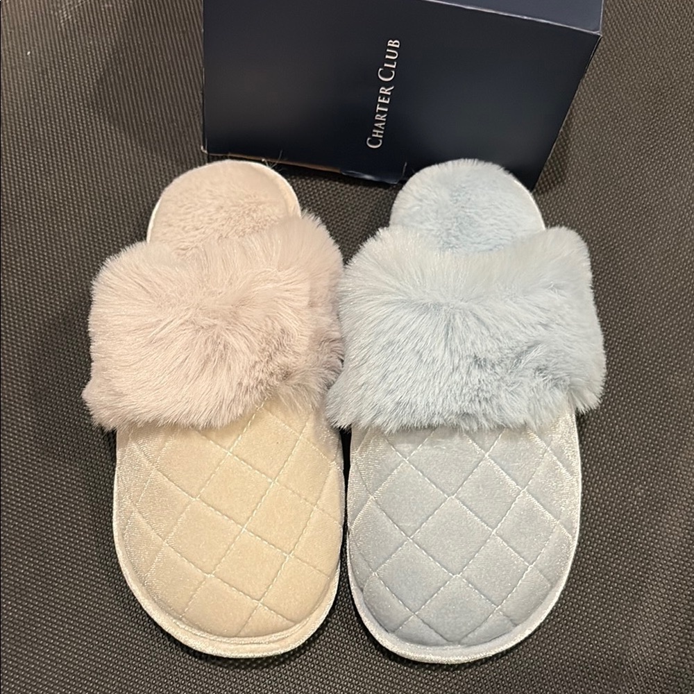 Charter Club Women's Quilted Slippers - gray and blue